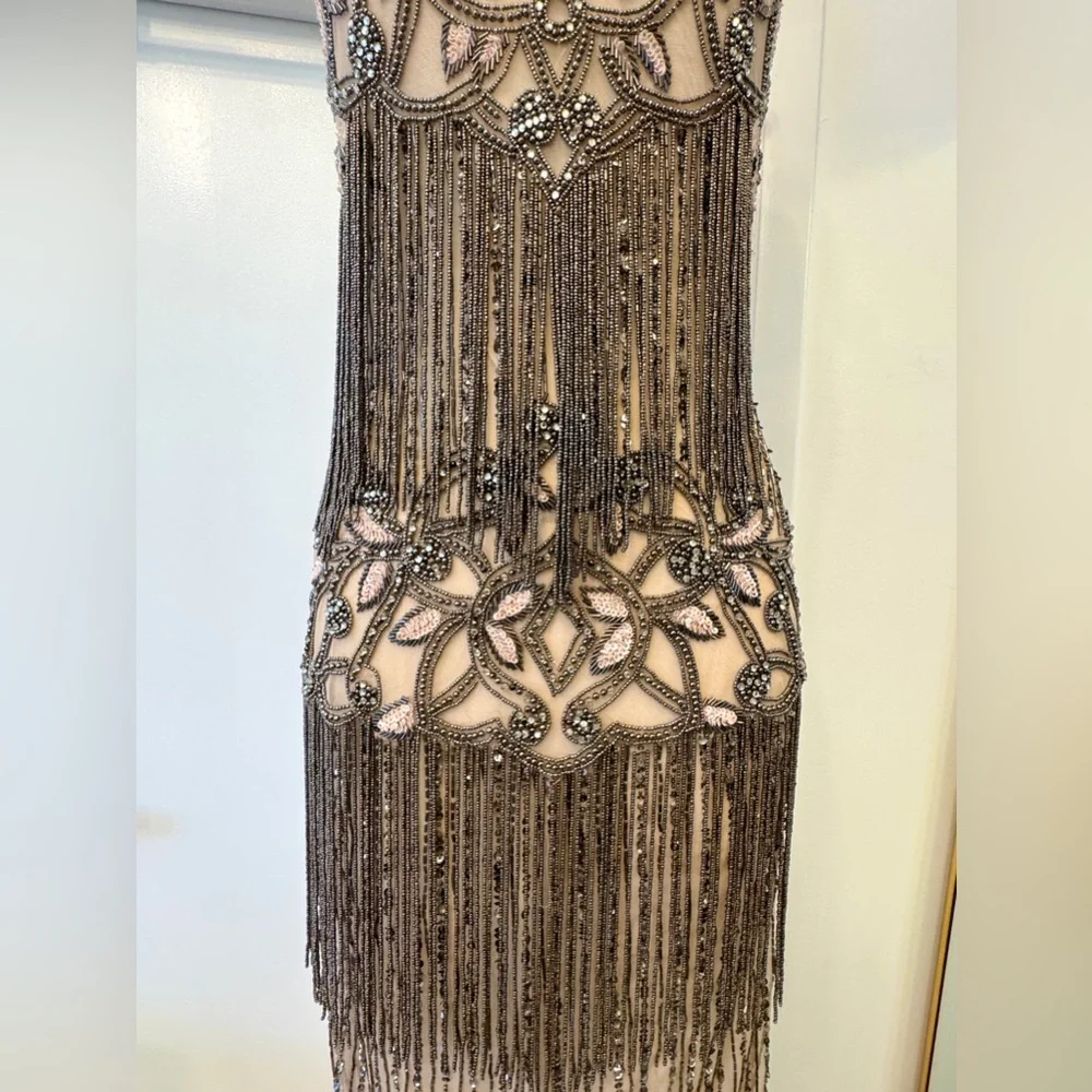 Heavily Beaded Halter Gown – Open Back Sheer Fringe Maxi Dress Glam Formal - Picture 4 of 12